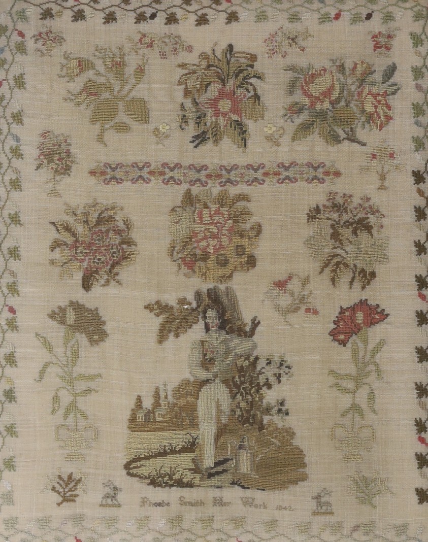 A 19th century sampler by Phoebe Smith Her Work 1842, of a boy amongst a churchyard watering plants, 50.5 x 43cm